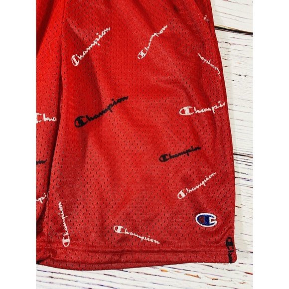 Champion Boys Red All Over Logo Print Basketball Gym Mesh Pockets Lined Athletic - Picture 3 of 4